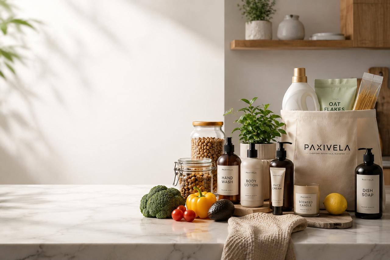 Paxivela Premium Everyday Essentials Modern kitchen lifestyle scene featuring Paxivela beauty products, groceries, and household essentials arranged on a marble countertop in a bright premium home interior.